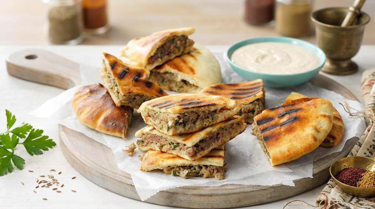 عرايس لبنانية مشوية محشوة باللحم المفروم مع صلصة الطحينة