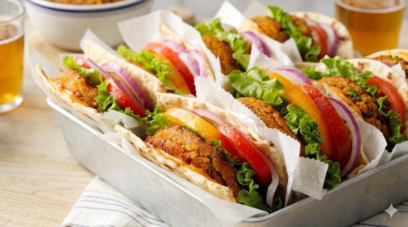 برجر العدس بالكمون محشو في خبز مسطح مع الخس والطماطم وصوص السريراتشا