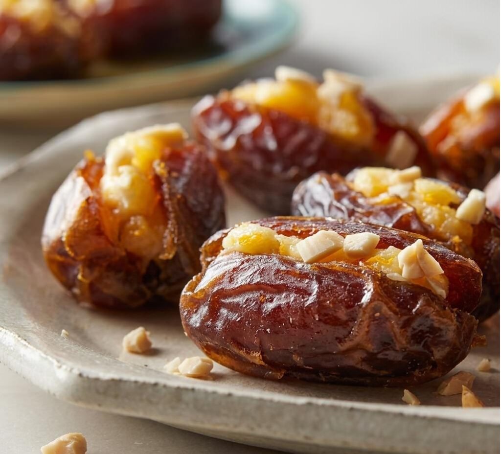 تمر محشو بكريمة المشمش والجبن الطري مزيّن باللوز المحمّص على طبق تقديم أبيض