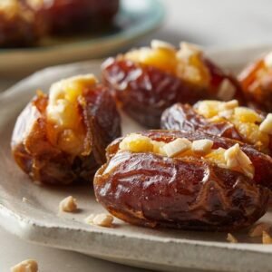 تمر محشو بكريمة المشمش والجبن الطري مزيّن باللوز المحمّص على طبق تقديم أبيض