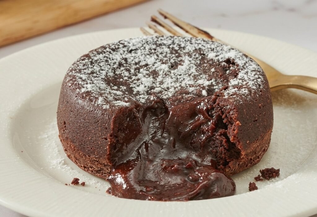 لافا كيك الشوكولاتة بقلب سائل يتدفق على طبق تقديم أبيض مع آيس كريم فانيليا