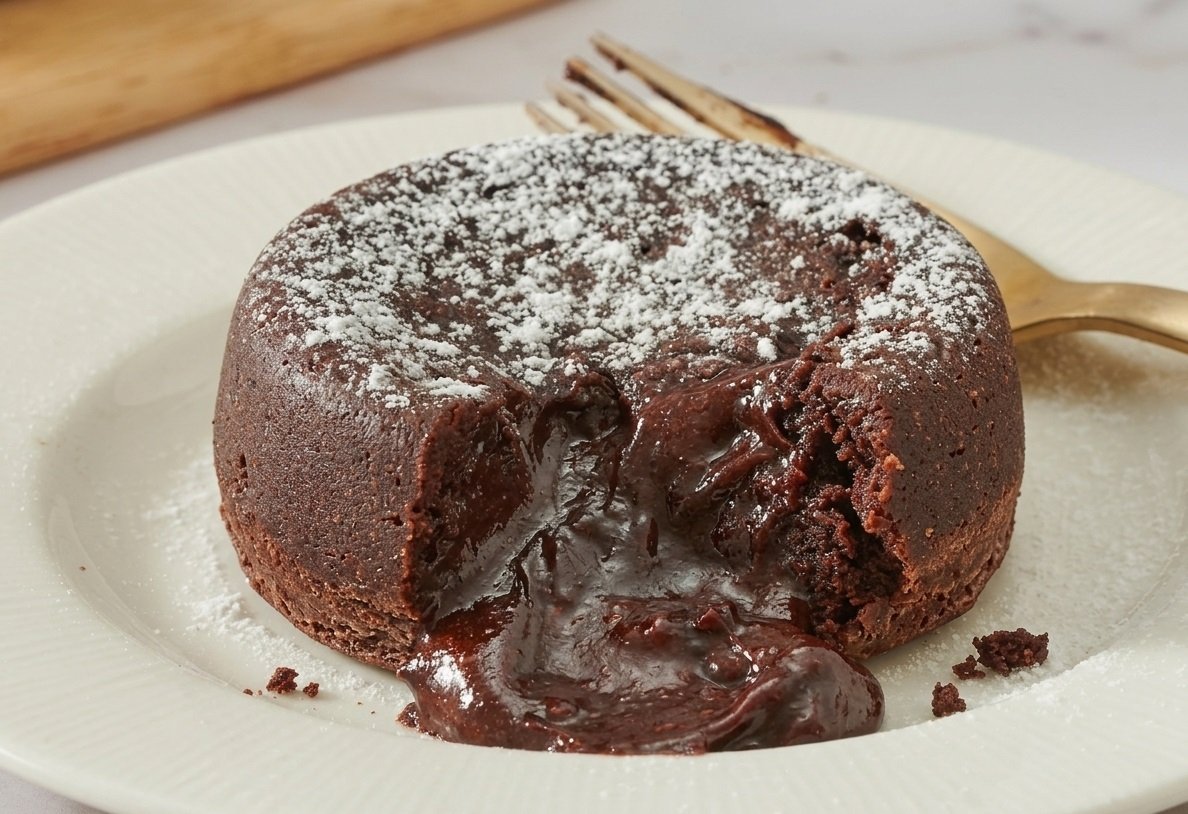 لافا كيك الشوكولاتة بقلب سائل يتدفق على طبق تقديم أبيض مع آيس كريم فانيليا