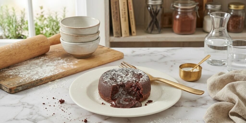 لافا كيك الشوكولاتة بقلب سائل يتدفق على طبق تقديم أبيض مع آيس كريم فانيليا