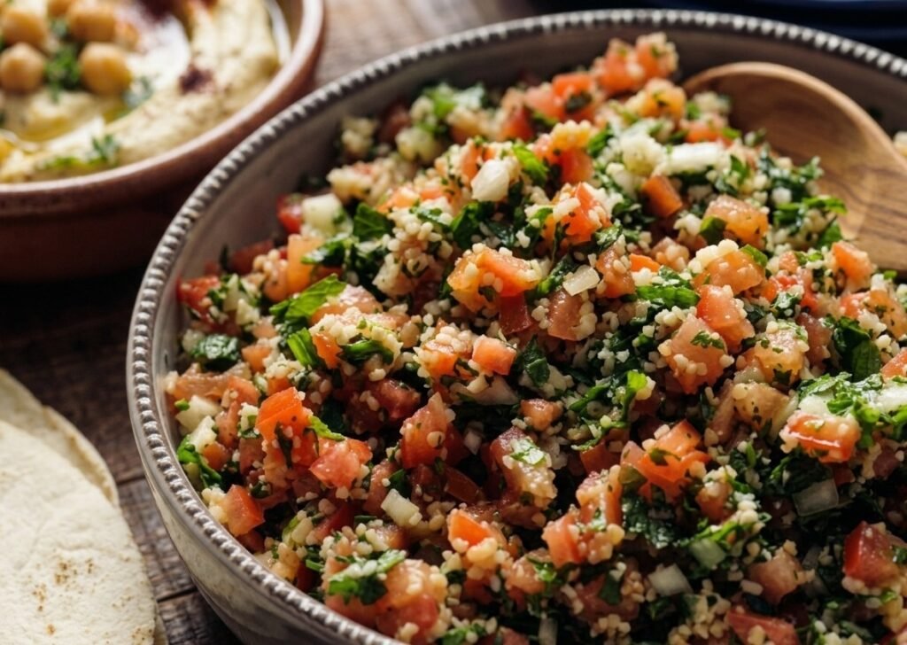 طبق تبولة شامية بالبقدونس الطازج والبرغل والطماطم وعصير الليمون