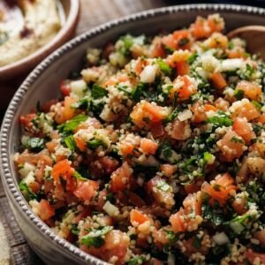 طبق تبولة شامية بالبقدونس الطازج والبرغل والطماطم وعصير الليمون