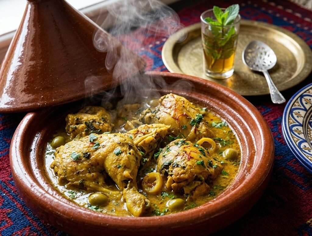 طاجن الدجاج المغربي بالزيتون والليمون المخلل والزعفران