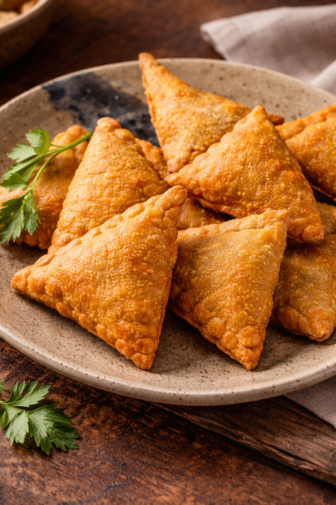 سمبوسة بيتية ذهبية مقرمشة بحشوة اللحم على طبق تقديم مرفق بصلصة الطماطم الحارة