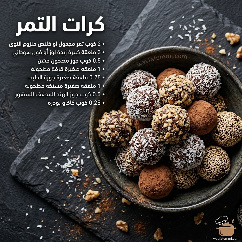 كرات التمر بجوز الهند والمكسرات مرتبة على طبق تقديم خليجي أنيق