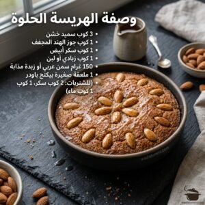 صينية هريسة حلوة ذهبية اللون بالسميد وجوز الهند مزينة باللوز