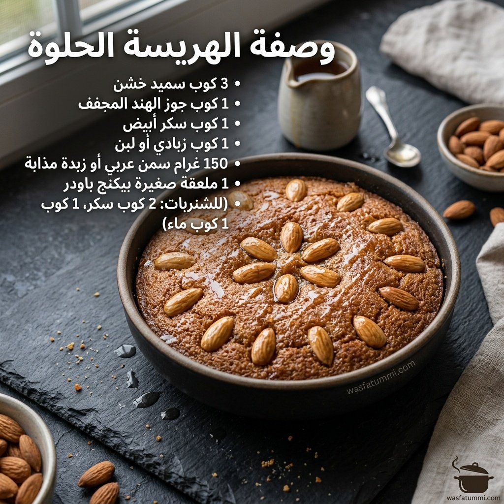 صينية هريسة حلوة ذهبية اللون بالسميد وجوز الهند مزينة باللوز
