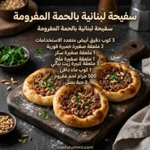 سفيحة لبنانية بالحمة المفرومة طازجة من الفرن على طبق تقديم خشبي