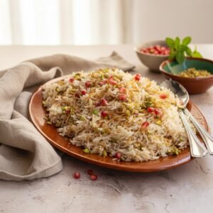 طبق أرز لبناني بالشعيرية مزين بالفستق الحلبي وحبات الرمان