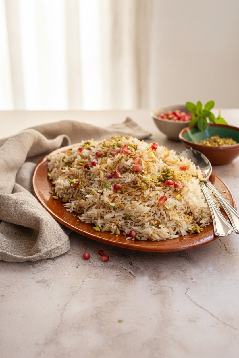 طبق أرز لبناني بالشعيرية مزين بالفستق الحلبي وحبات الرمان