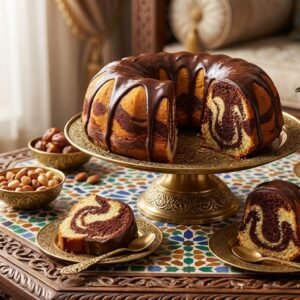 كيك مرمري بالشوكولاتة مزيّن بطبقة شوكولاتة لامعة
