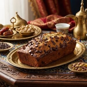 كيك الفانيليا بالخلطة الجاهزة وحبات الشوكولاتة مقطّع على طبق تقديم