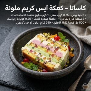 كاساتا كعكة آيس كريم ملونة بطبقات خضراء ووردية وبيضاء مزينة بالفستق والفواكه