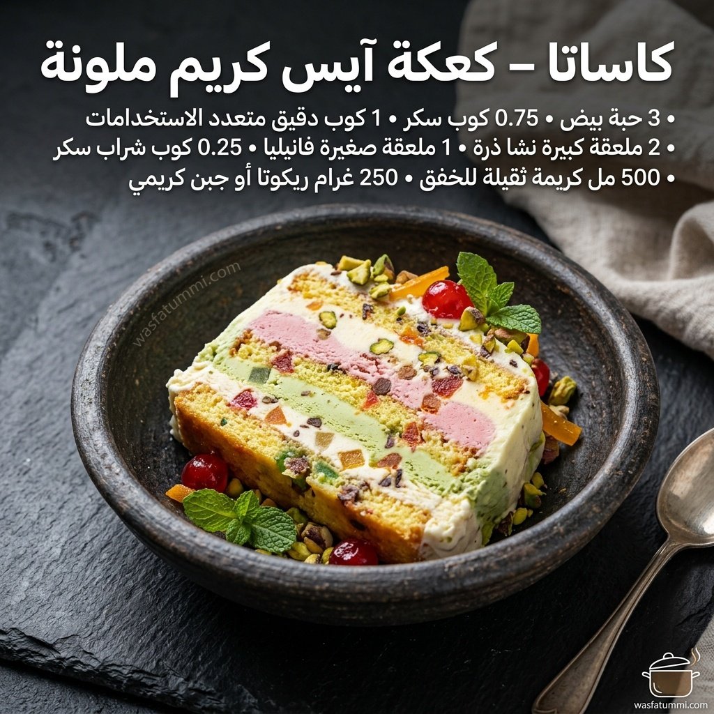 كاساتا كعكة آيس كريم ملونة بطبقات خضراء ووردية وبيضاء مزينة بالفستق والفواكه