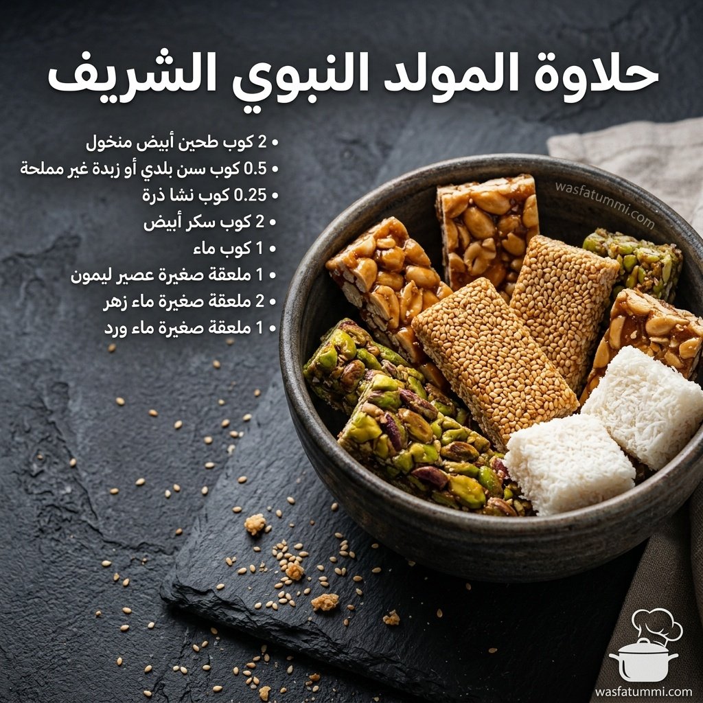 طبخات حلاوة المولد النبوي الشريف مقطعة بشكل معيّنات ومزيّنة بالفستق الحلبي والجوز
