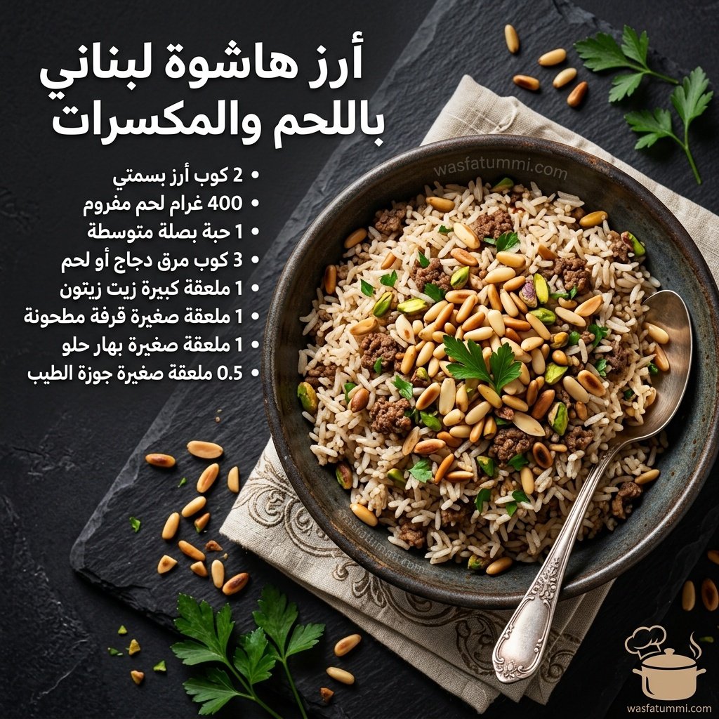 طبخة أرز هاشوة لبناني باللحم والمكسرات الذهبية المحمصة