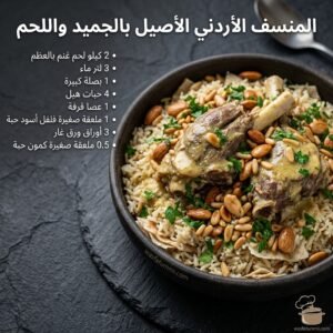 المنسف الأردني الأصيل بالجميد واللحم والأرز المفلفل مزيّن بالمكسرات المحمرة