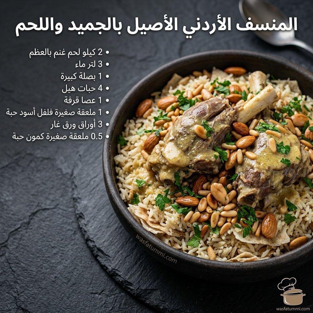 المنسف الأردني الأصيل بالجميد واللحم والأرز المفلفل مزيّن بالمكسرات المحمرة