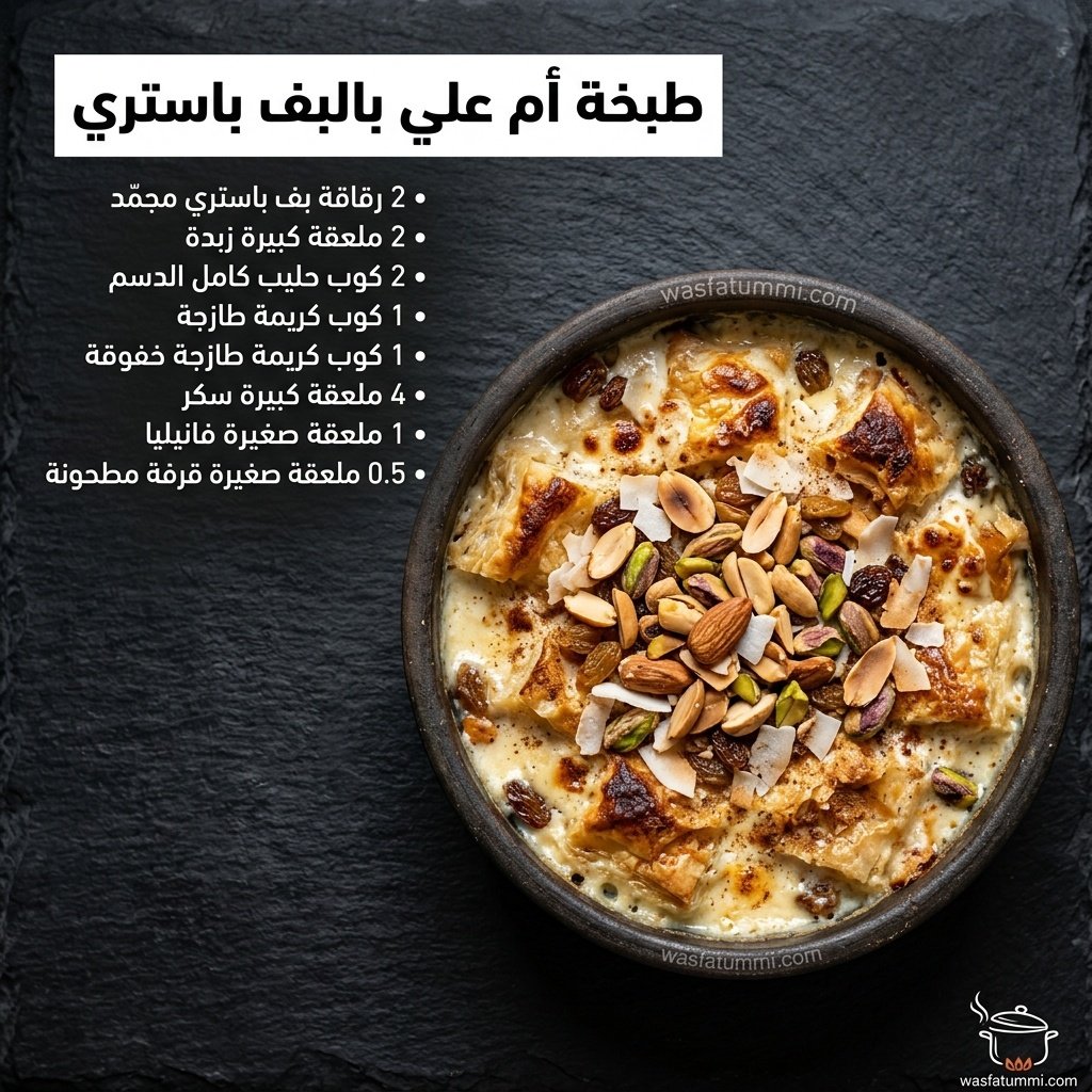 طبخة أم علي بالبف باستري بوجه ذهبي وكريمة طازجة ومكسرات