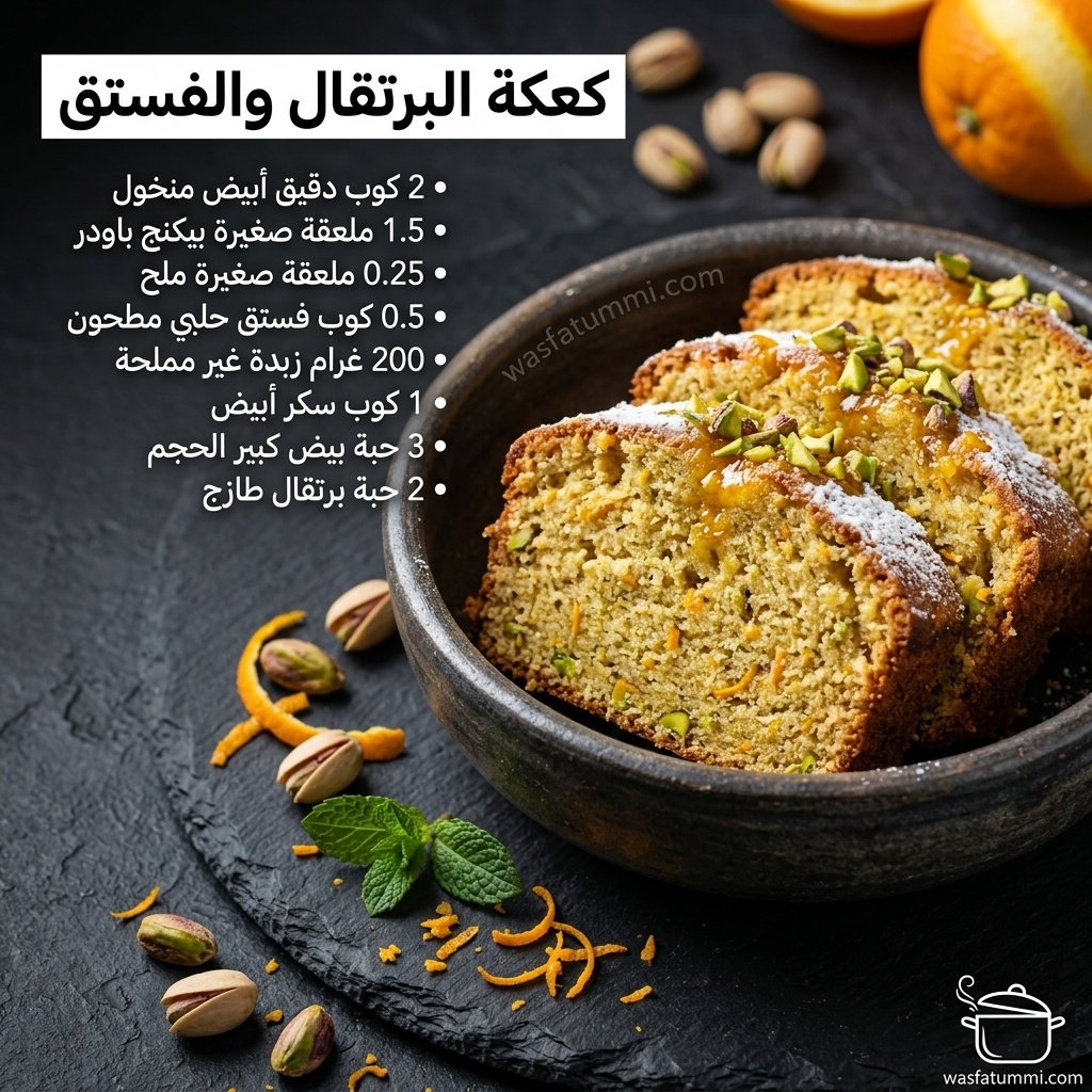 كعكة البرتقال والفستق مزيّنة بكريمة الجبن والفستق الحلبي الأخضر وشرائح البرتقال