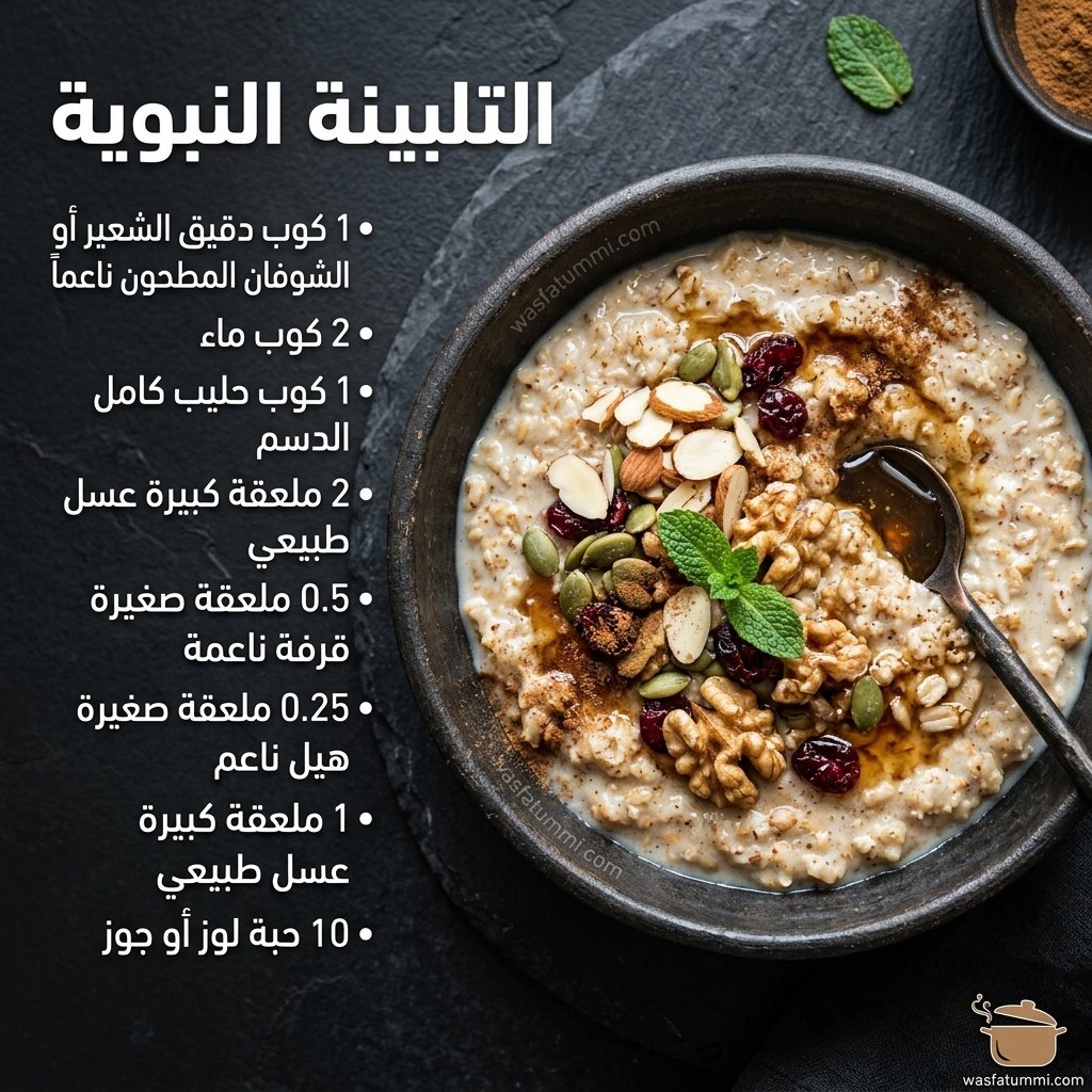 طبخة التلبينة النبوية بالشوفان والعسل مزيّنة باللوز والتمر