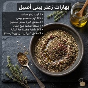 خلطة بهارات زعتر بيتية بالسمسم والسماق وزيت الزيتون في طبق فخار