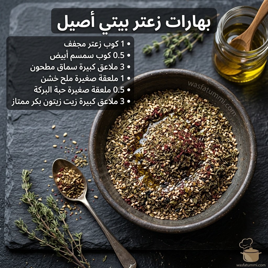 خلطة بهارات زعتر بيتية بالسمسم والسماق وزيت الزيتون في طبق فخار