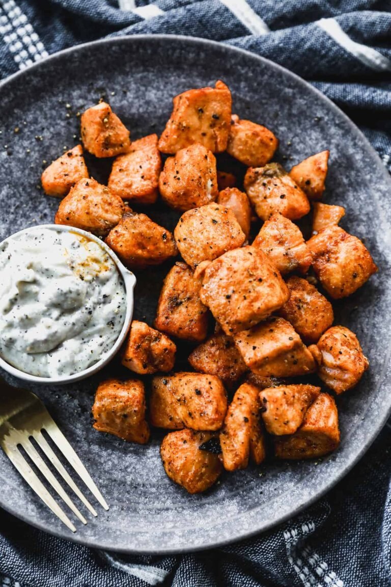 Air fryer salmon bites served with remoulade sauce