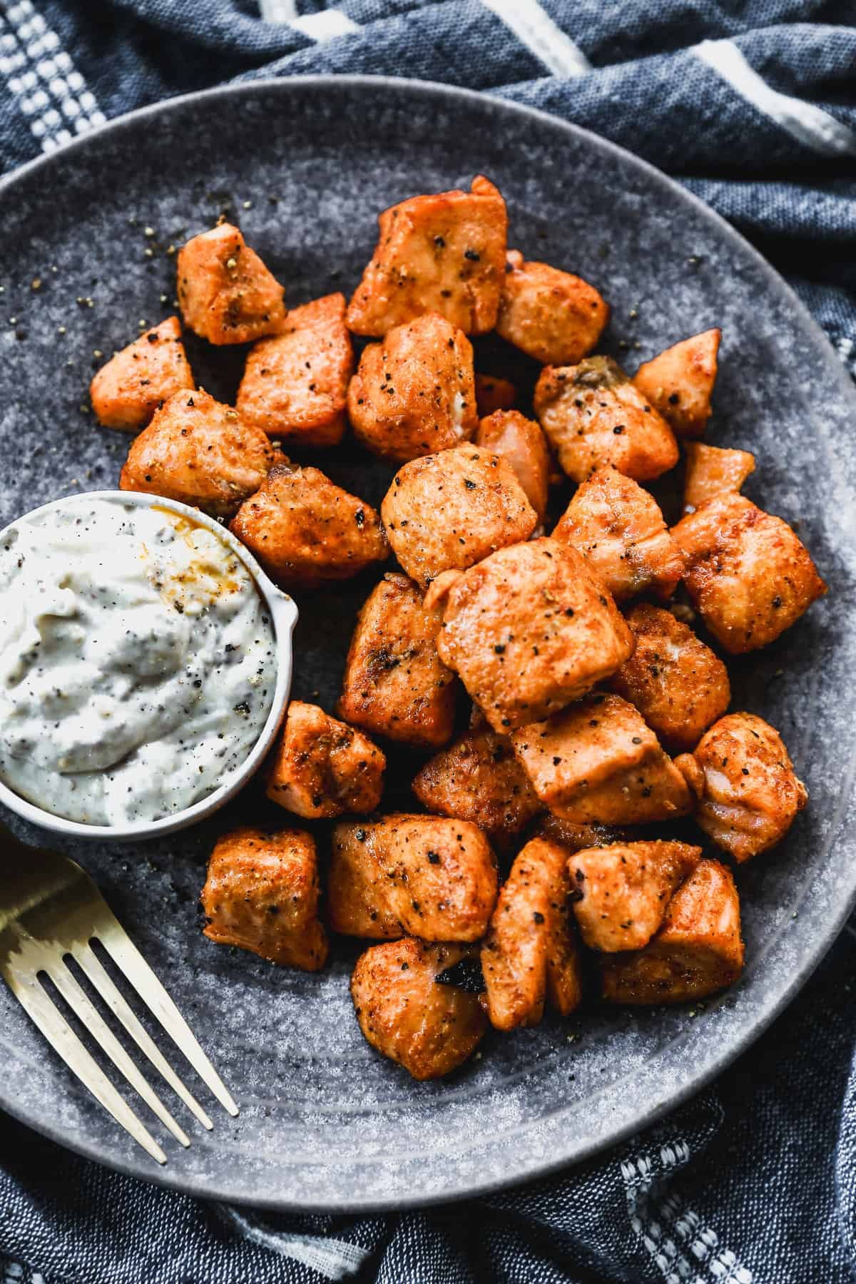 Air fryer salmon bites served with remoulade sauce