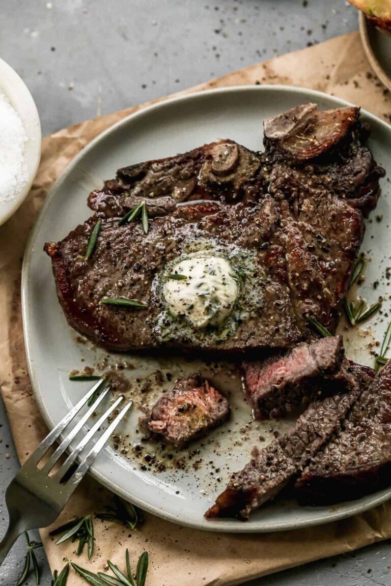Air fryer steak with seared exterior and juicy center