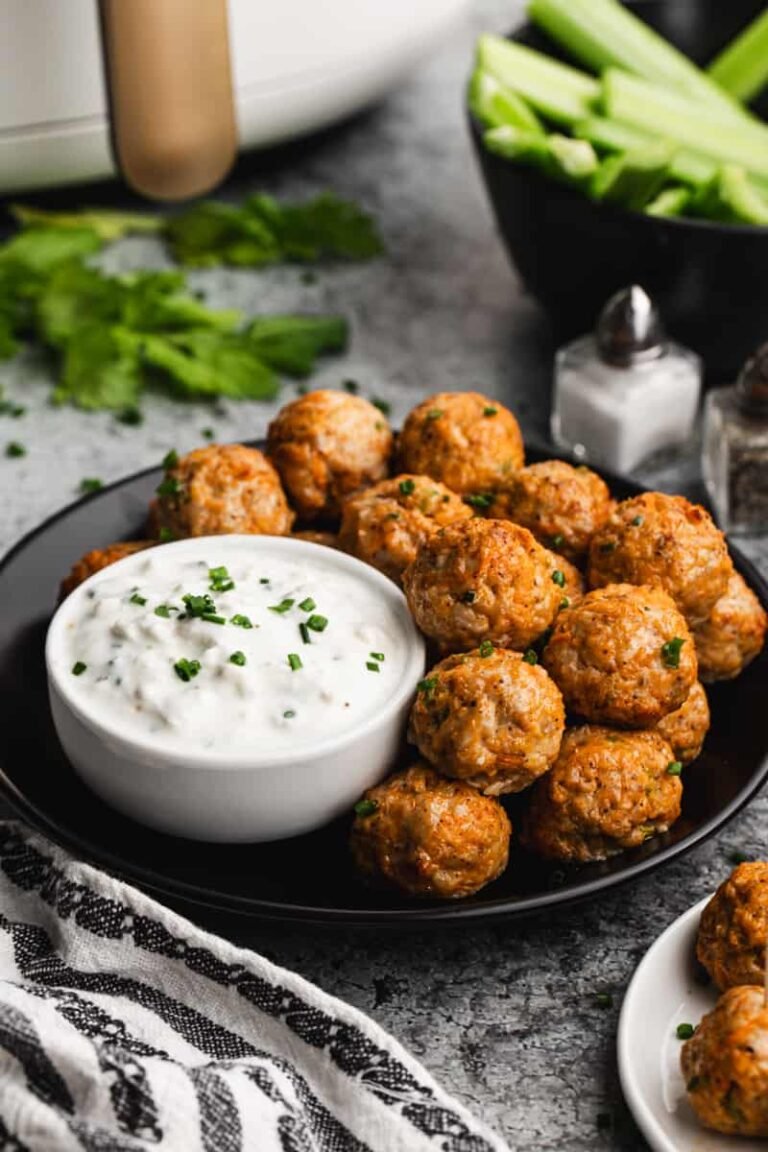 Buffalo chicken meatballs with blue cheese dipping sauce