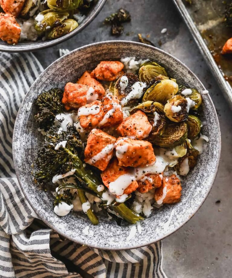 Hot honey salmon bowl with rice and roasted vegetables